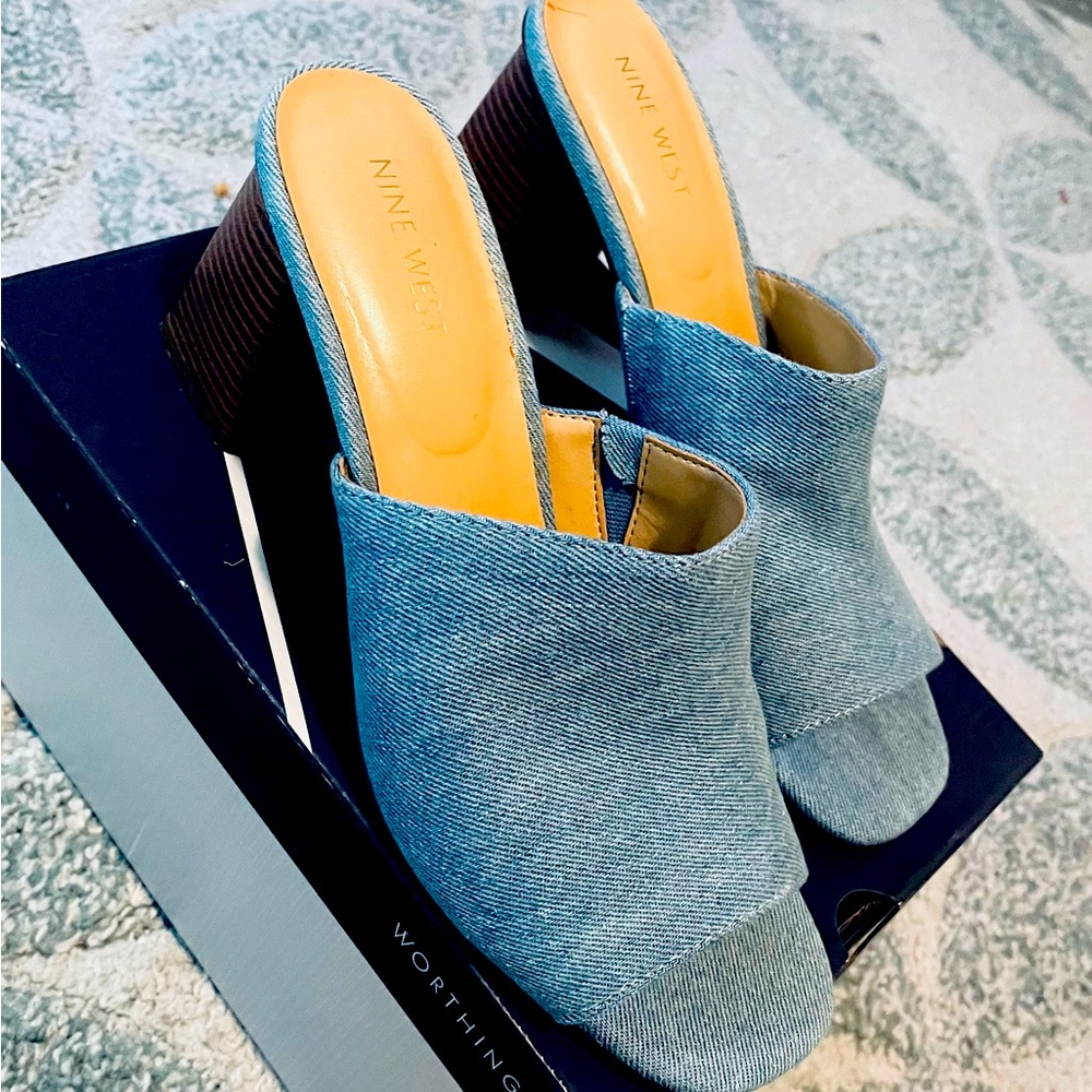 Nine West blue denim high heel slip ons